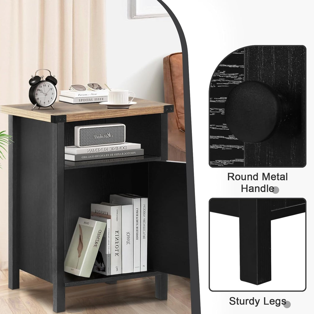 Farmhouse Nightstand Set of 2, Rustic End Table with Storage Cabinet and Shelf, End Table Set of 2 for Bedroom Living Room, Wood Night Stand Side Table, Black
