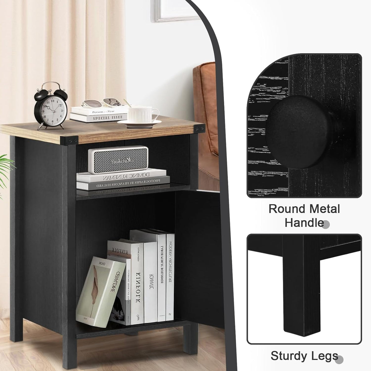 Farmhouse Nightstand Set of 2, Rustic End Table with Storage Cabinet and Shelf, End Table Set of 2 for Bedroom Living Room, Wood Night Stand Side Table, Black