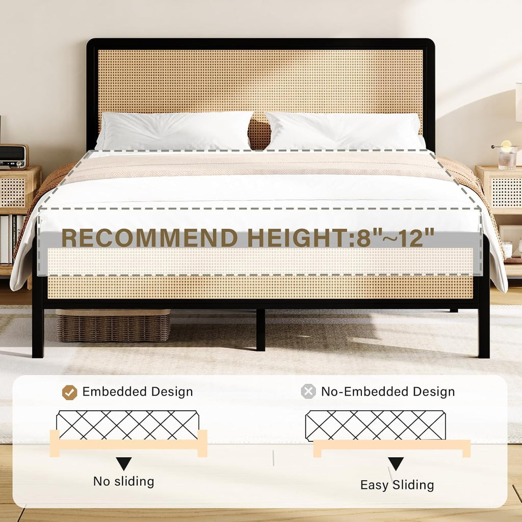 4 EVER WINNER Full Size Bed Frame, Rattan Bed Frame with Natural Rattan Headboard and Footboard, No Box Spring Needed, Black