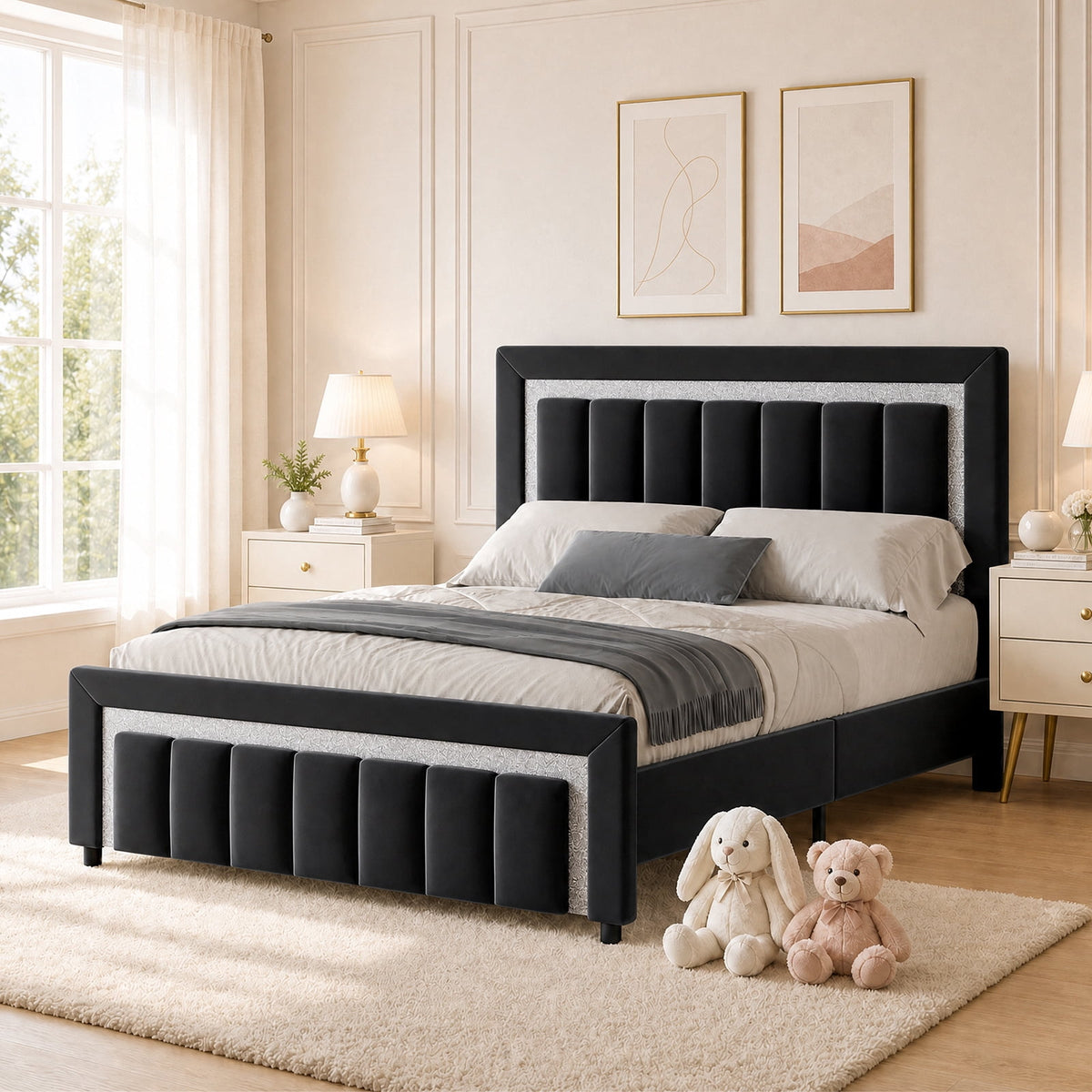 4 Ever Winner Full Bed Frame, Velvet Upholstered Bed Frame with Diamond Headboard, Black Full Size Bed Frame, Black