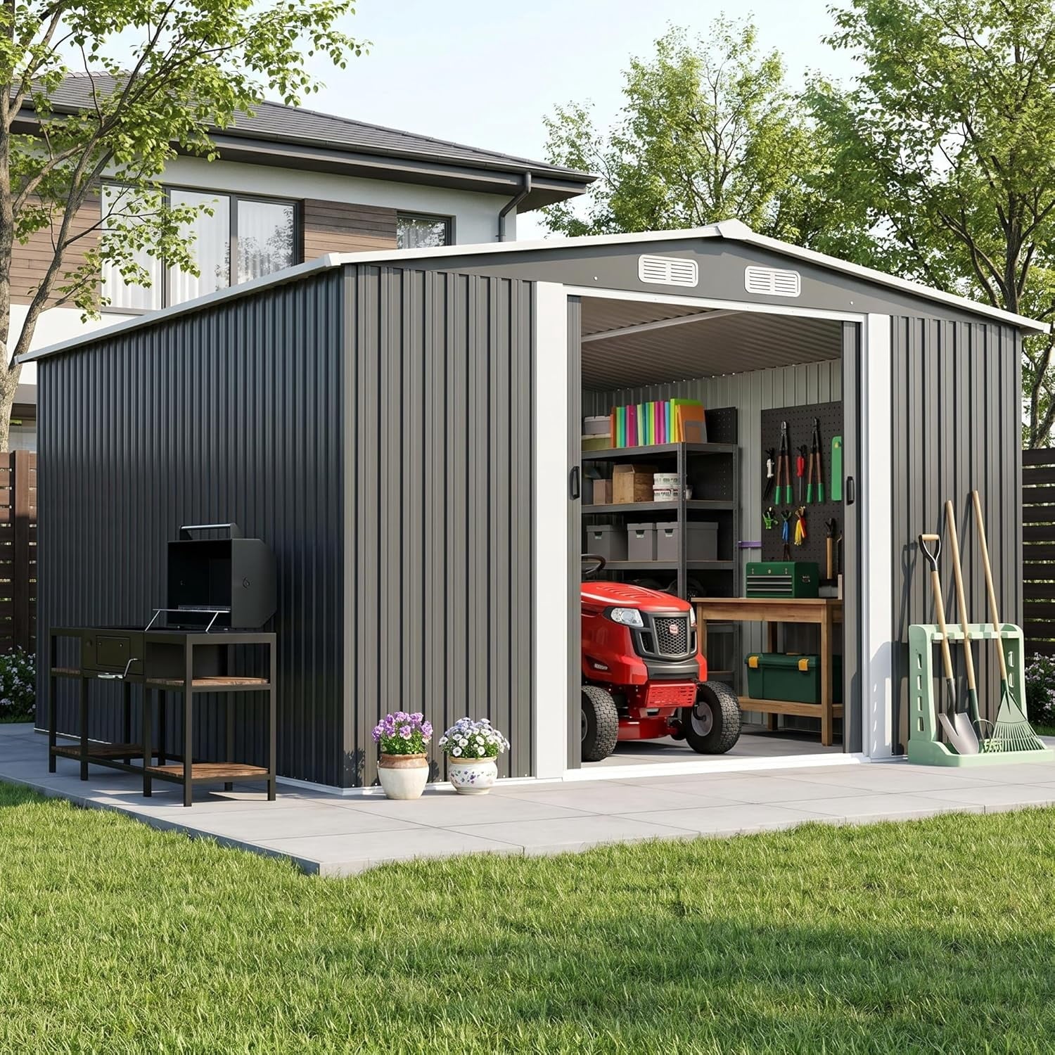 4 EVER WINNER 11¡Á13 Grey Metal Outdoor Storage Shed, solid steel garden tool shed with sliding door, spacious utility storage for backyard, patio and lawn