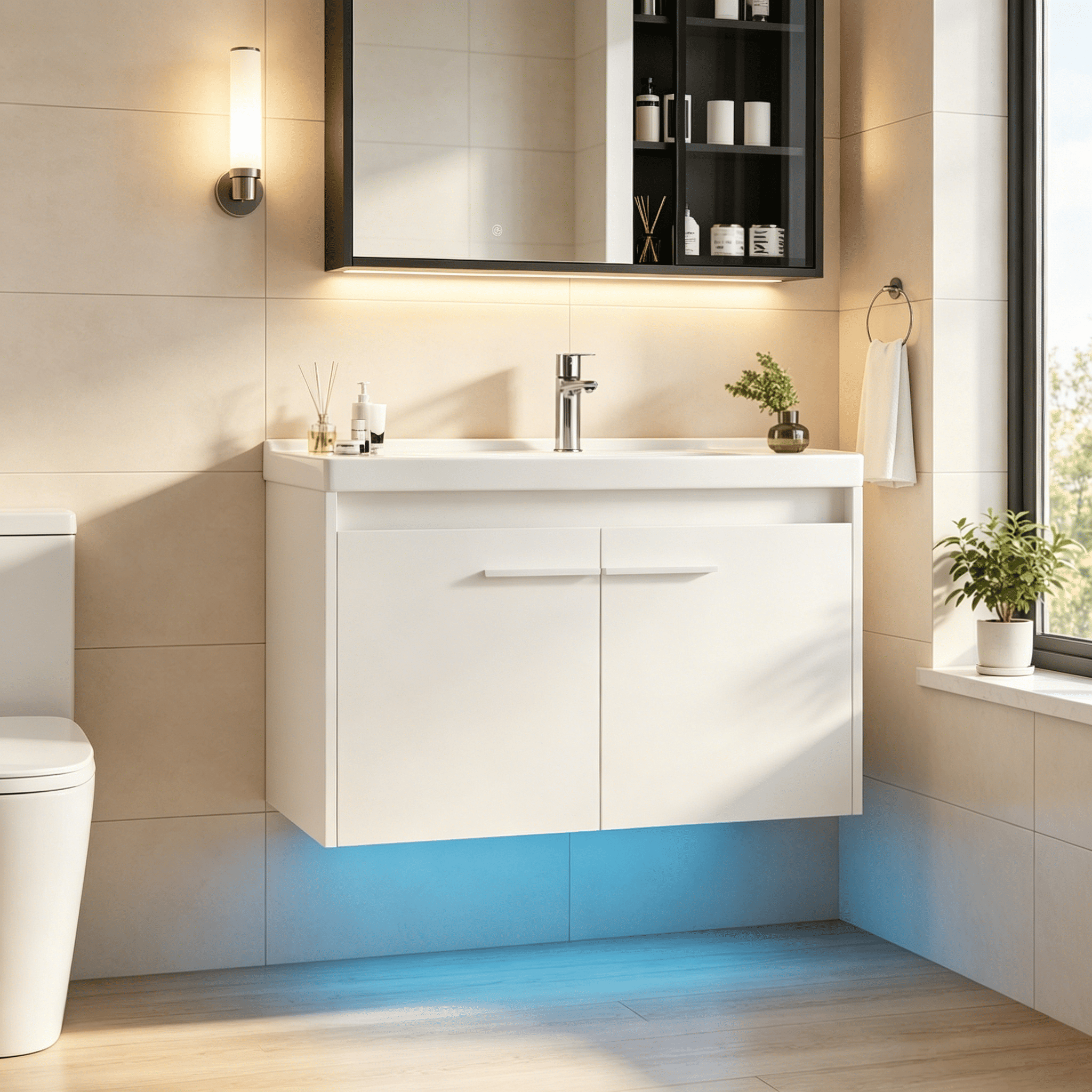 4 EVER WINNER 31¡± Bathroom Vanity with Sink, Floating Bathroom Vanities with Adjustable LED Light, Bathroom Sink Cabinet with 2 Doors, White