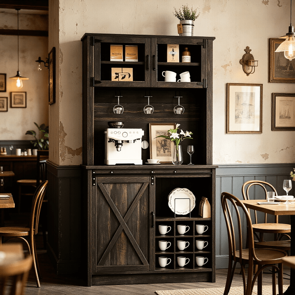 4 EVER WINNER 72 Inch Oak Farmhouse Coffee Bar Cabinet with Hutch, sliding barn door design with ample storage, tall buffet cabinet perfect for living and dining room