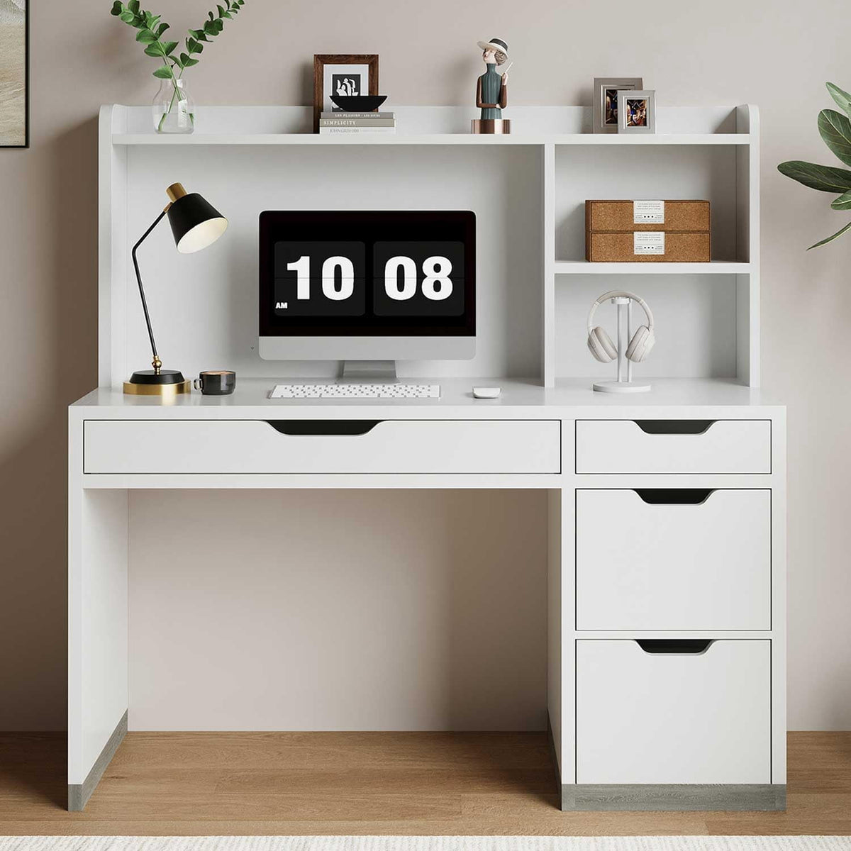 DreamCurship 48 inch Computer Desk with 4 File Drawers, Study Desk with Filing Cabinet and Storage, Home Office Desk for Work and Study, Writing Desk for Small Space, Brown