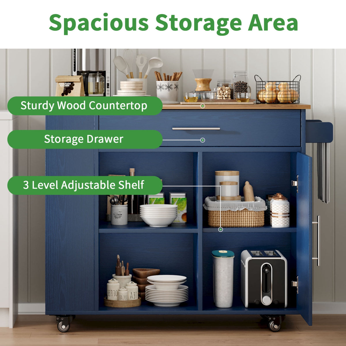 Kitchen Island on Wheels with Storage, Rolling Cart with Spice Rack, Towel Rack, Open Shelves & Drawer, Portable for Kitchen/Dining, Blue