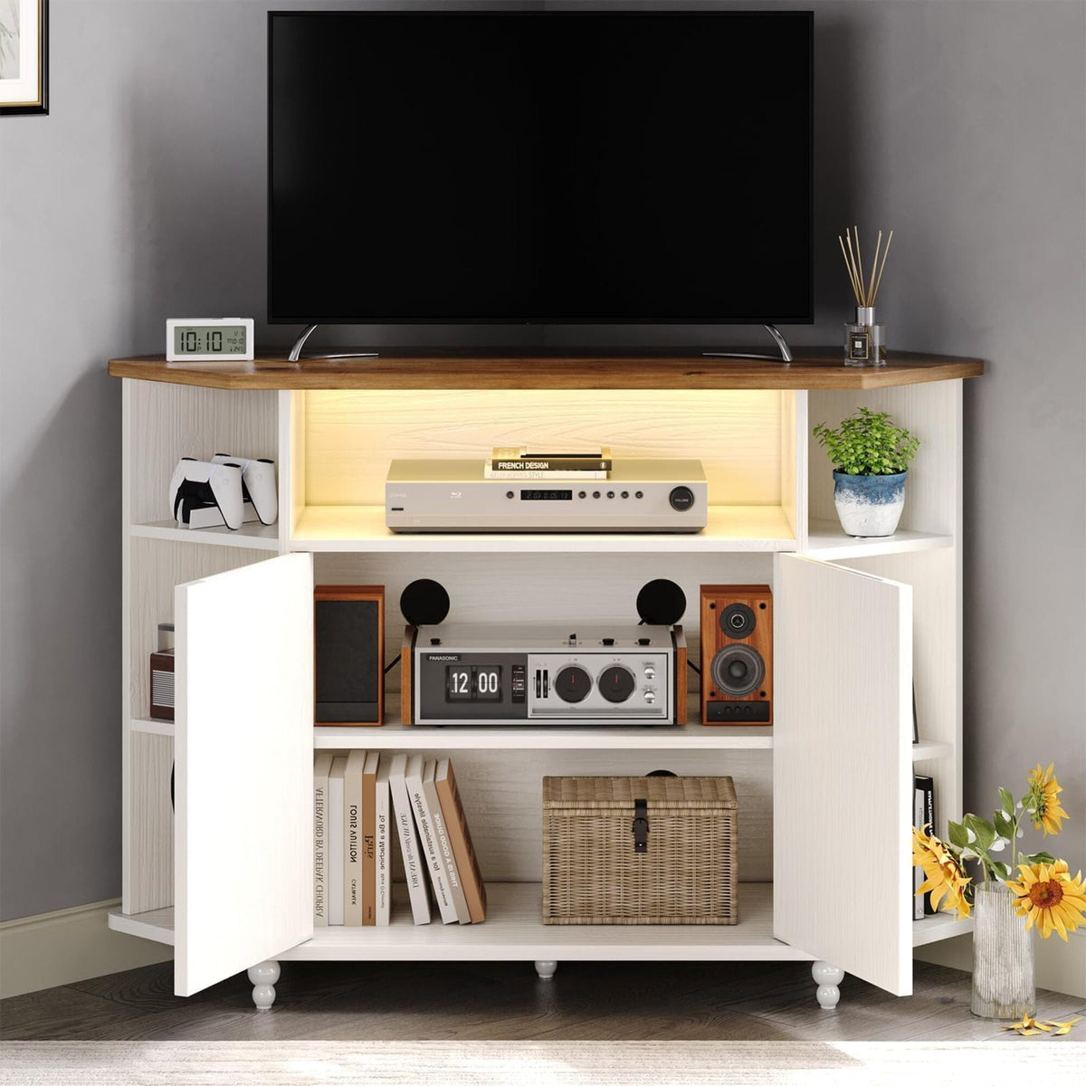 Corner TV Stand for 50 Inch TV, Farmhouse Entertainment Center with Storage & Power Outlet, TV Console Cabinet and Barn Door for Living Room&Study&Playroom, White