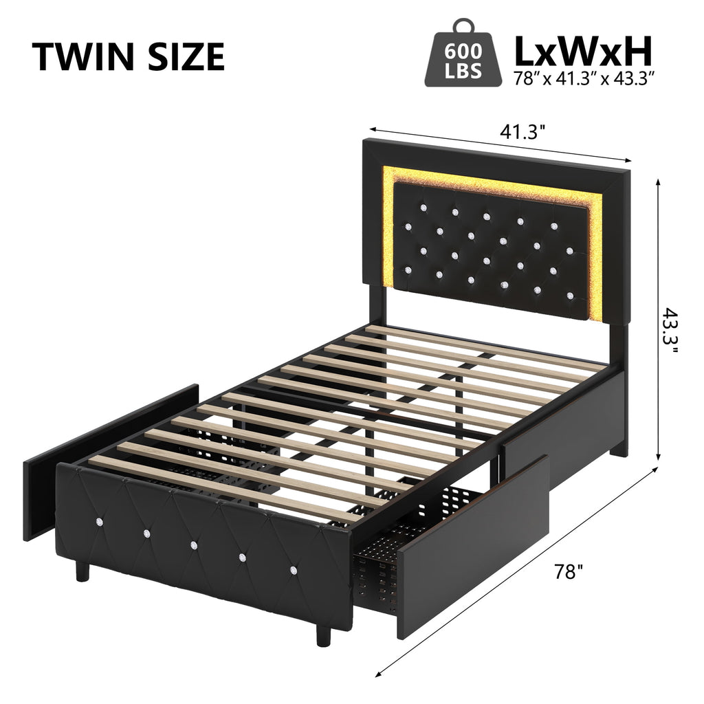4 EVER WINNER Twin Size LED Bed Frame with Storage, Upholstered Platform Bed with 2 Drawers, Adjustable LED Lights Headboard, Black