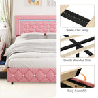 4 Ever Winner Twin Size LED Bed Frame with 2 drawers, Pink Twin Bed Frame with LED Light and Diamond Headboard, Modern Upholstered Bed Twin Size, Pink