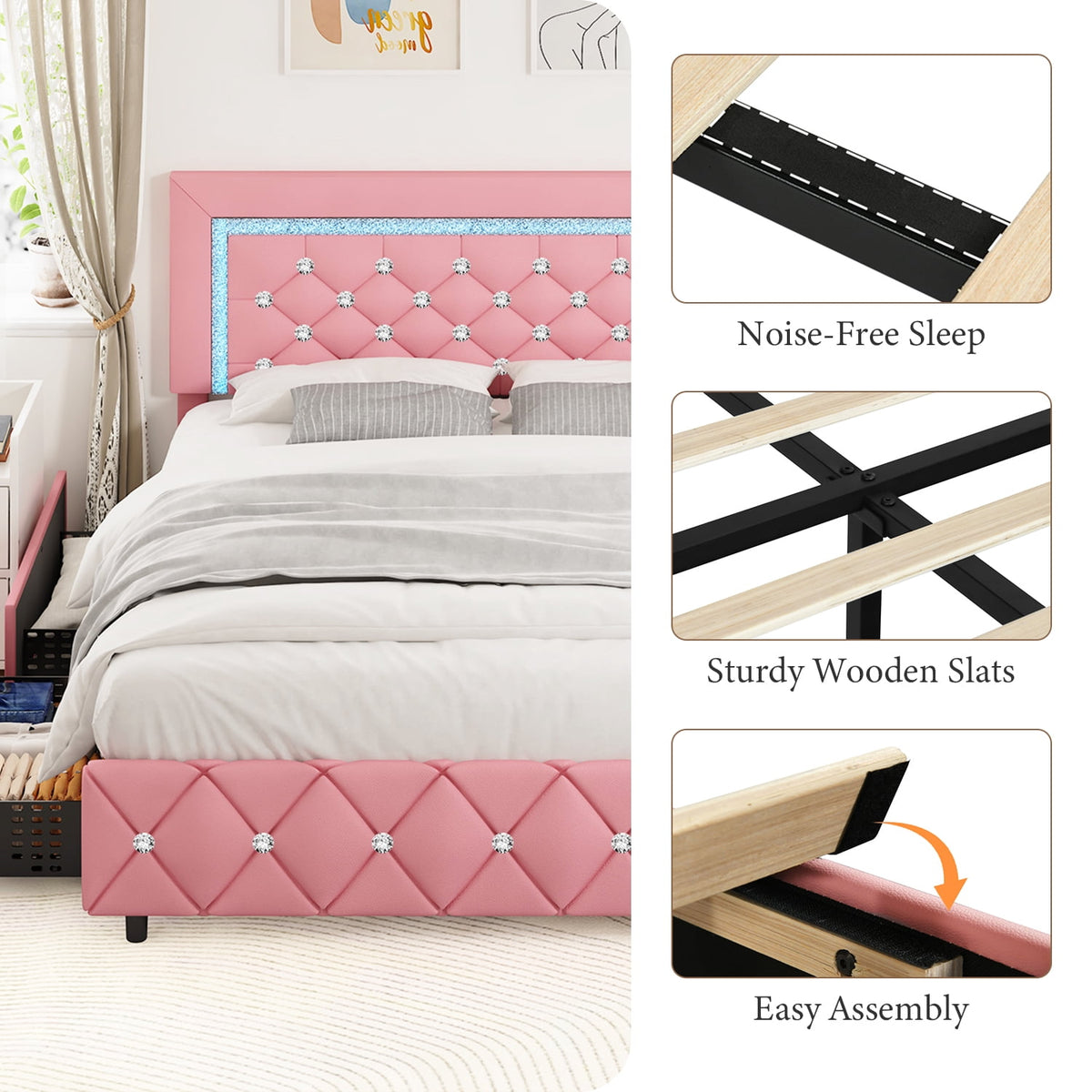 4 Ever Winner Twin Size LED Bed Frame with 2 drawers, Pink Twin Bed Frame with LED Light and Diamond Headboard, Modern Upholstered Bed Twin Size, Pink
