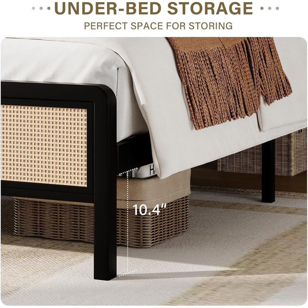 4 EVER WINNER Full Size Bed Frame, Rattan Bed Frame with Natural Rattan Headboard and Footboard, No Box Spring Needed, Black