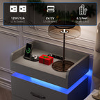 4 Ever Winner Grey Night Stand with Charging Station,Wood Nightstand with 2 Drawers Modern Style, LED Lights Wooden End Tables with Metal Handle Bedside Table for Living Room Bedroom