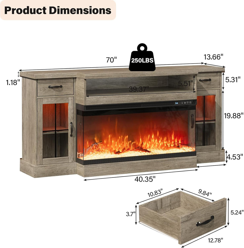 DreamCurship Fireplace TV Stand for TVs up to 80", Farmhouse TV Stand with Electric Fireplace, Glass Door Entertainment Center with Led Light, Media Console Table for Living Room, Gray