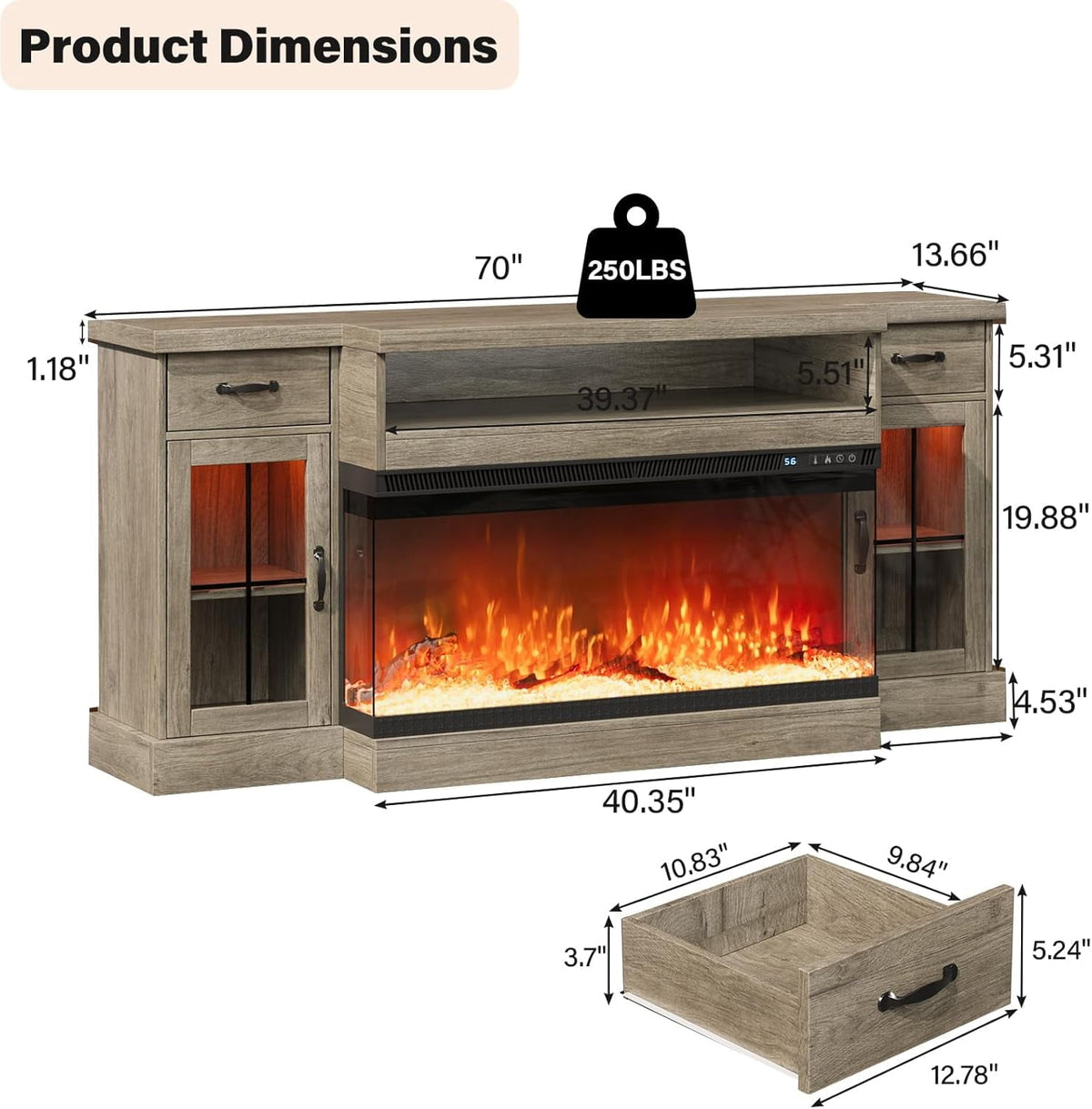 DreamCurship Fireplace TV Stand for TVs up to 80", Farmhouse TV Stand with Electric Fireplace, Glass Door Entertainment Center with Led Light, Media Console Table for Living Room, Gray