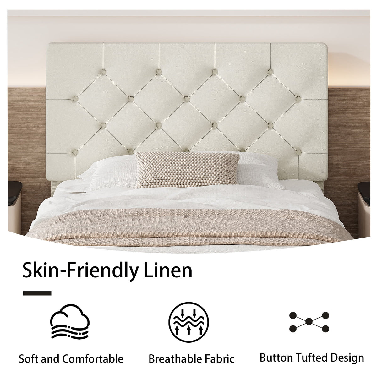 4 EVER WINNER Twin Size Upholstered Platform Bed Frame with Headboard, Cream