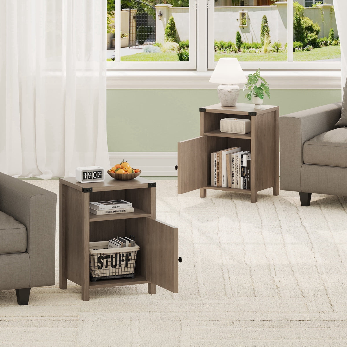 4 EVER WINNER Farmhouse 2-Pack Barn Door Side Tables, Rustic Gray Storage End Tables, Stylish Bedside Tables for Bedroom & Living Room