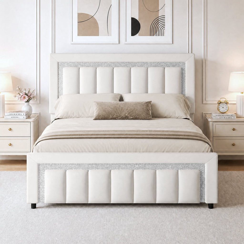 4 EVER WINNER Full Bed Frame, Velvet Upholstered Bed Frame with Diamond Headboard, White Full Size Bed Frame, White