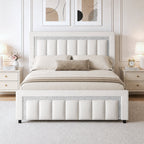 4 EVER WINNER Full Bed Frame, Velvet Upholstered Bed Frame with Diamond Headboard, White Full Size Bed Frame, White