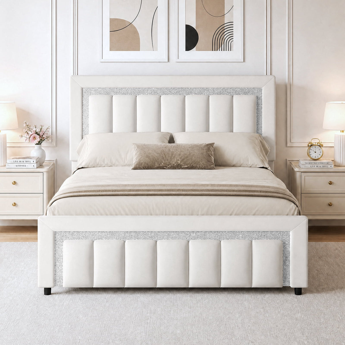 4 EVER WINNER Full Bed Frame, Velvet Upholstered Bed Frame with Diamond Headboard, White Full Size Bed Frame, White