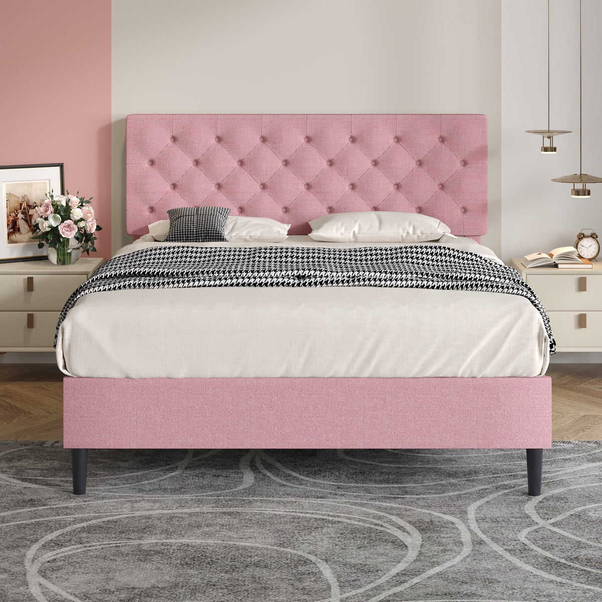 4 EVER WINNER Full Size Bed Frame, Upholstered Platform Bed with Headboard, Button Tufted Headboard, Pink