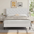 4 Ever Winner Full Size Bed Frame, Upholstered Platform Bed with Headboard, Button Tufted Headboard, White