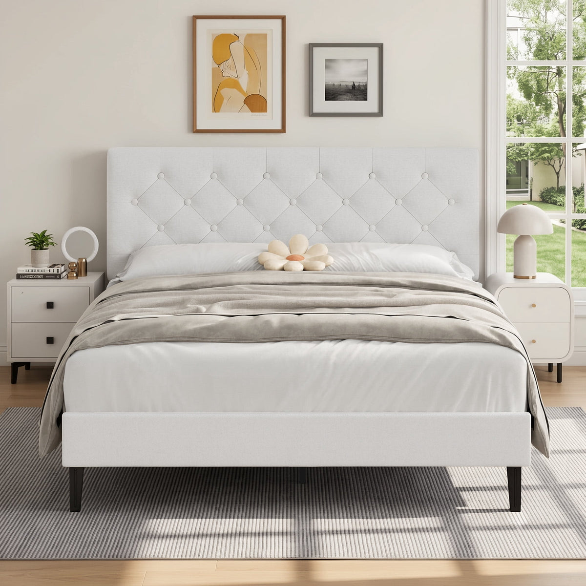 4 Ever Winner Full Size Bed Frame, Upholstered Platform Bed with Headboard, Button Tufted Headboard, White