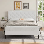 4 Ever Winner Queen Size Bed Frame, Upholstered Platform Bed with Headboard, Button Tufted Headboard, White