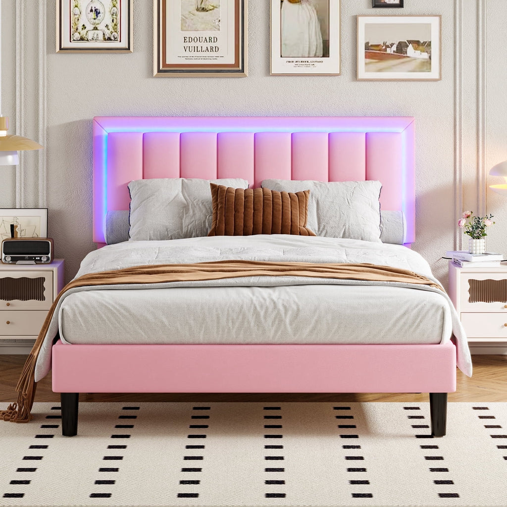 4 Ever Winner Full Size Foam and Leather Bed Frame with Durable LED Light Headboard, Pink