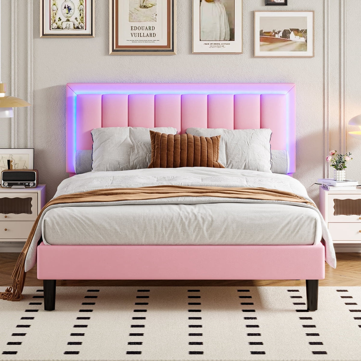 4 Ever Winner Full Size Foam and Leather Bed Frame with Durable LED Light Headboard, Pink