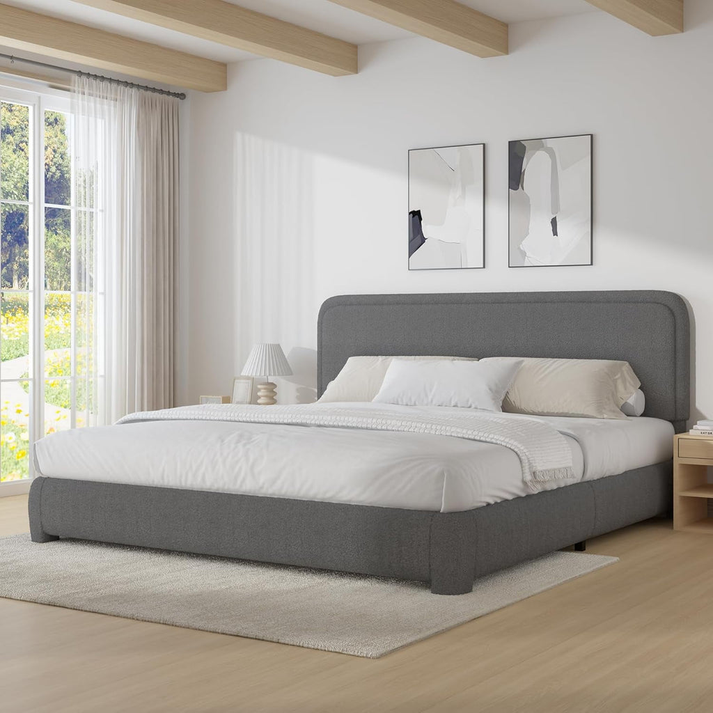 4 EVER WINNER King Size Bed Frame, Modern White Bed Frame with Headboard, Boucle Fabric Upholstered Bed Frame, Soft Curved Headboard, Gray