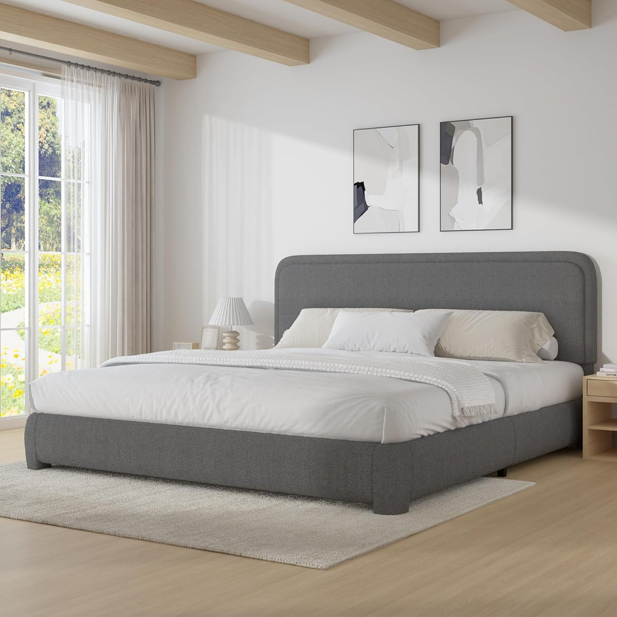 4 EVER WINNER King Size Bed Frame, Modern White Bed Frame with Headboard, Boucle Fabric Upholstered Bed Frame, Soft Curved Headboard, Gray