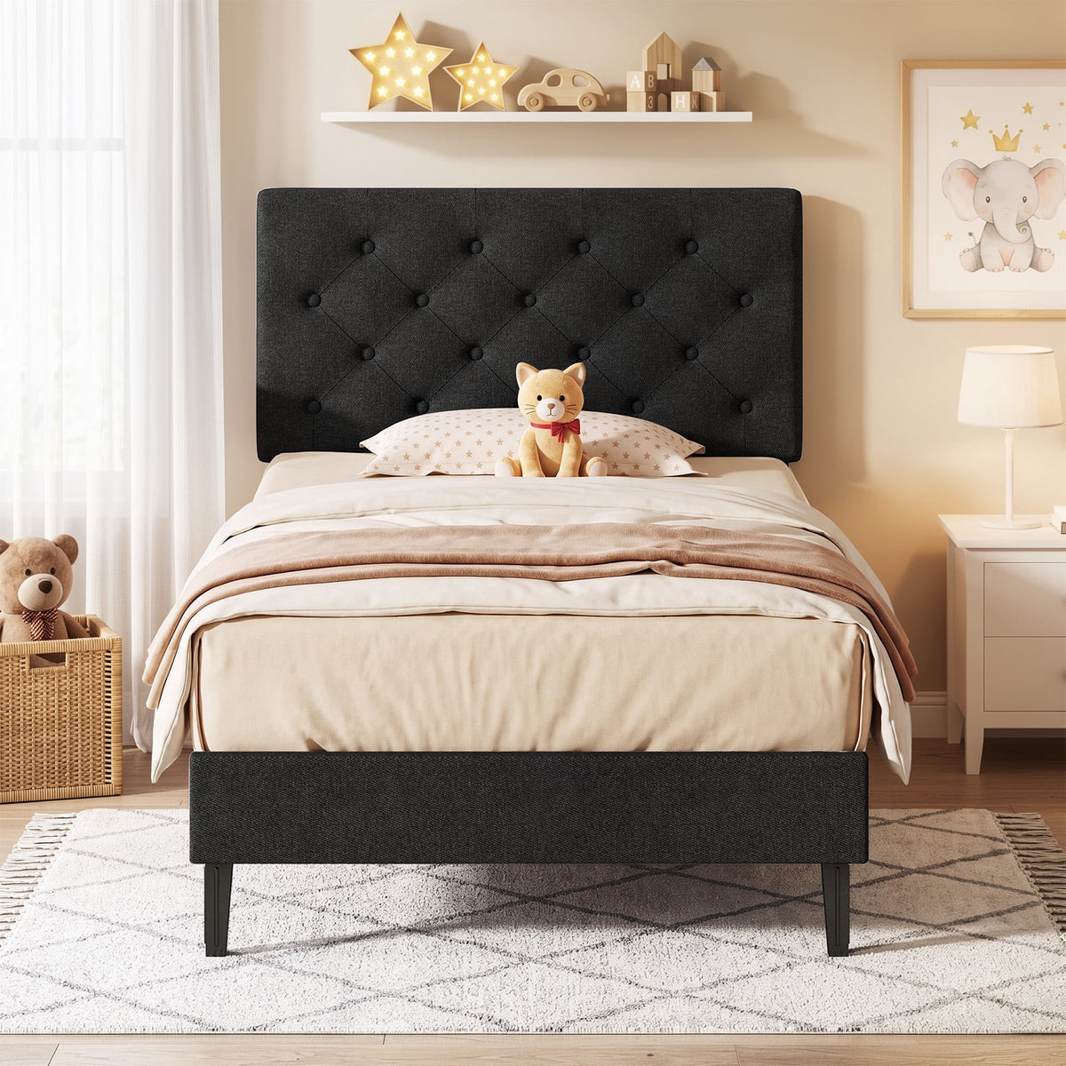 4 Ever WinnerTwin Size Upholstered Platform Bed Frame with Headboard, Black
