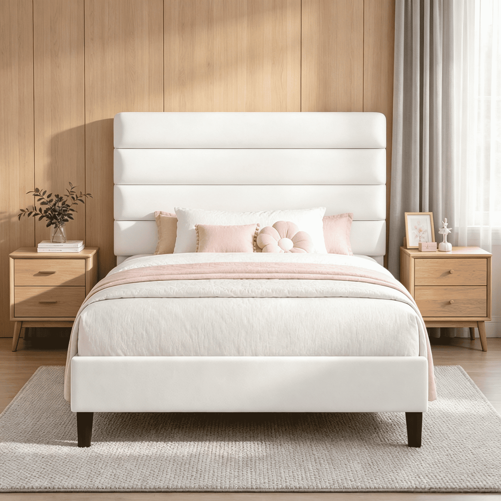 4 Ever Winner Twin Size Platform Bed Frame with Velvet Upholstered Headboard and Wooden Slats Support, Fully Upholstered Mattress Foundation, Noise-Free, No Box Spring Needed, Easy Assembly, White