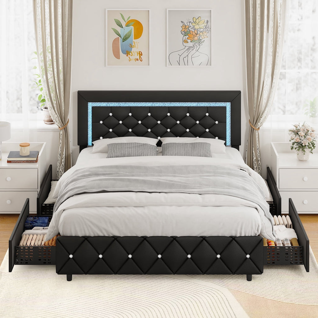 4 EVER WINNER Full Size LED Bed Frame with 4 Drawers, Black Full Bed Frame with LED Light Headboard, Modern Upholstered Bed with Diamond Headboard and Footboard, Black