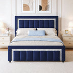 4 EVER WINNER Full Bed Frame with Headboard, Velvet Upholstered Platform Bed Frame Full Size with Diamond Headboard & Footboard, Wooden Slats Support, No Box Spring Required, Easy Assembly, Blue