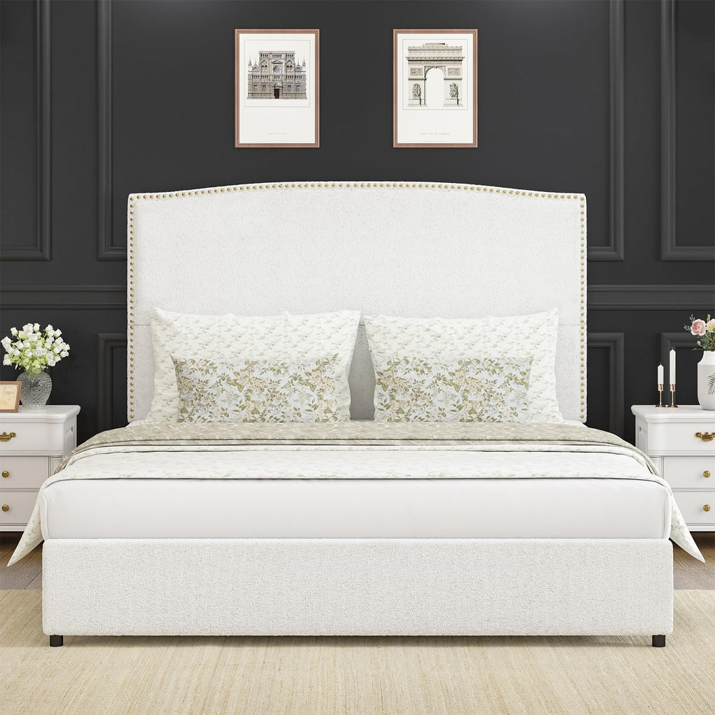 4 EVER WINNER King Bed Frame with 56" Tall Headboard, White King Bed Frame with Nailhead Trim Headboard, King Size Upholstered Platform Bed, White