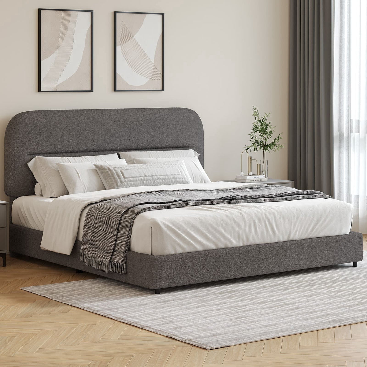 4 Ever Winner Queen Size Boucle Bed Frame with Headboard, Upholstered Platform Bed with Wood Slats, Soft Rounded Corners, No Box Spring Required, Non-Slip and Noise-Free, Easy Assembly, Grey