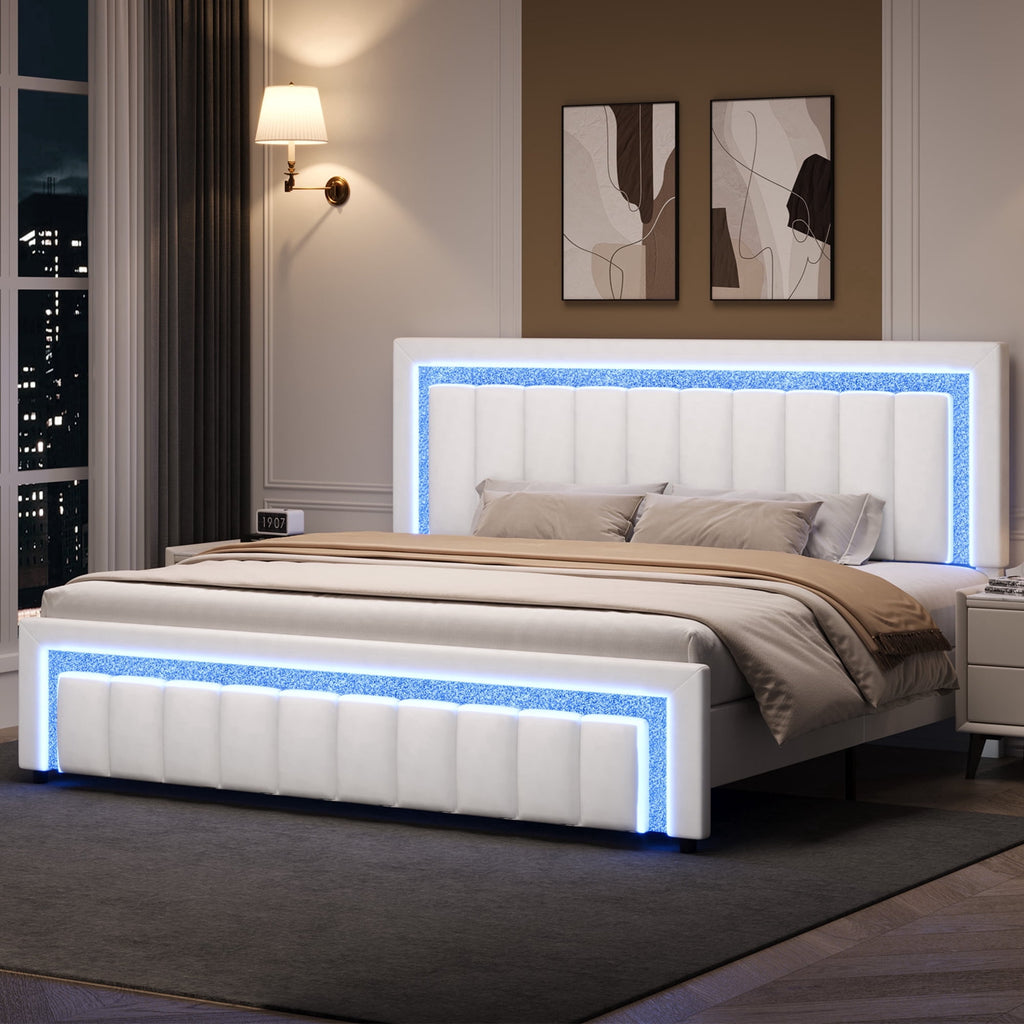 4 EVER WINNER King Size LED Bed Frame,Velvet Upholstered with Striped & Diamond Studded Headboard & Footboard, Quiet Stable Structure, No Box Spring Required¡ê?White