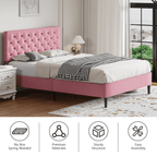 4 EVER WINNER Full Size Bed Frame, Upholstered Platform Bed with Headboard, Button Tufted Headboard, Pink