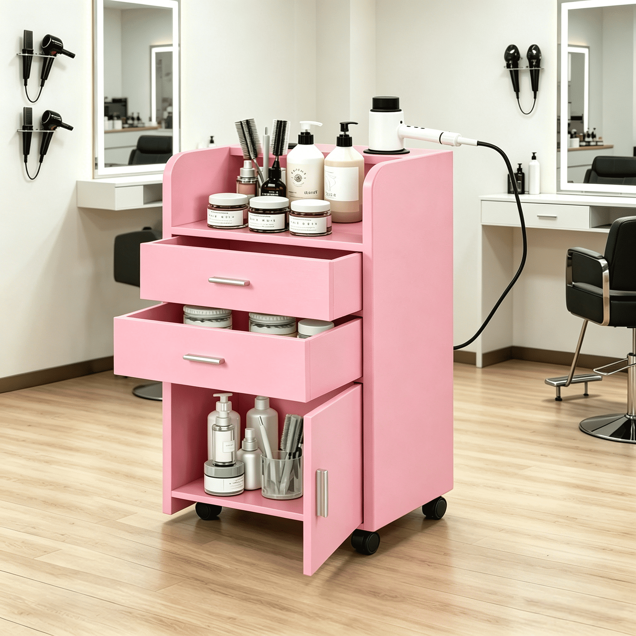 4 EVER WINNER Salon Storage Cabinet, Hair Station with Wheels, 2 Tool Holders, 2 Drawers, 1 Cabinet, Salon Station Rolling Cart for Hair Stylist Beauty Spa Barbershop, Pink