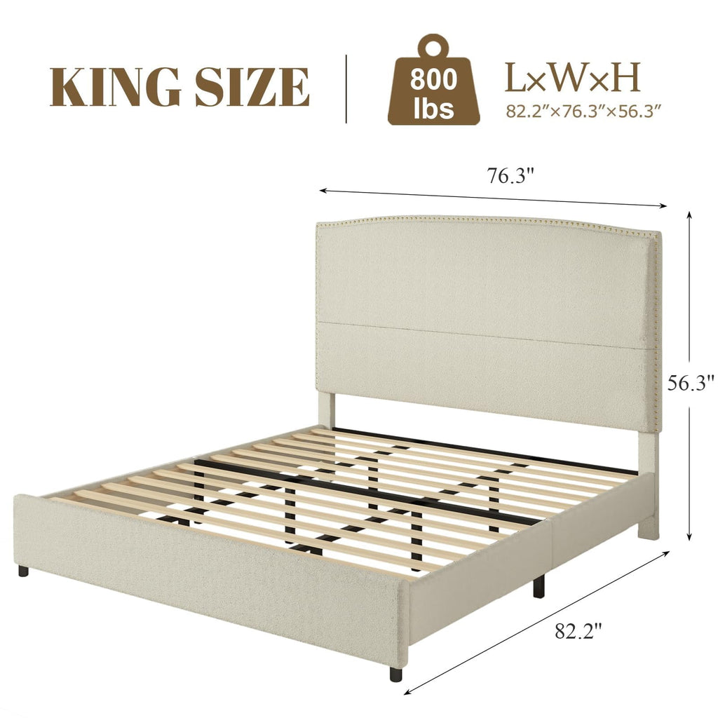 4 EVER WINNER King Bed Frame with 56" Tall Headboard, White King Bed Frame with Nailhead Trim Headboard, King Size Upholstered Platform Bed, White