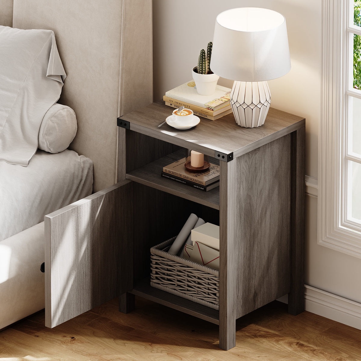 4 EVER WINNER Farmhouse 2-Pack Barn Door Side Tables, Rustic Gray Storage End Tables, Stylish Bedside Tables for Bedroom & Living Room