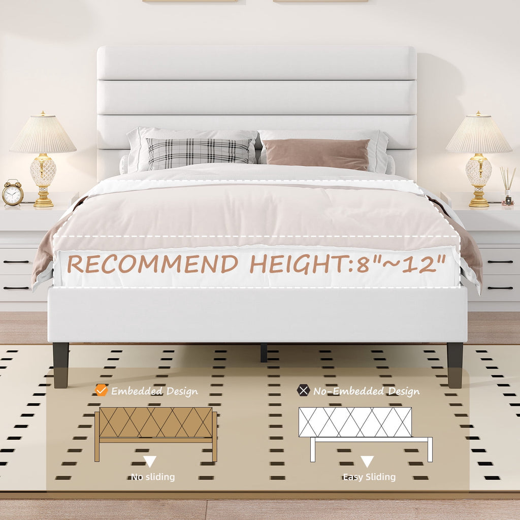 4 Ever Winner Twin Size Platform Bed Frame with Velvet Upholstered Headboard and Wooden Slats Support, Fully Upholstered Mattress Foundation, Noise-Free, No Box Spring Needed, Easy Assembly, White