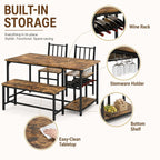 Catrimown Dining Table Set for 4 with Bench, 55 Inch Kitchen Set with Wine Rack, Glass Holder & Storage Shelves, Space Saving Dining Furniture for Home Apartment, Rustic Brown