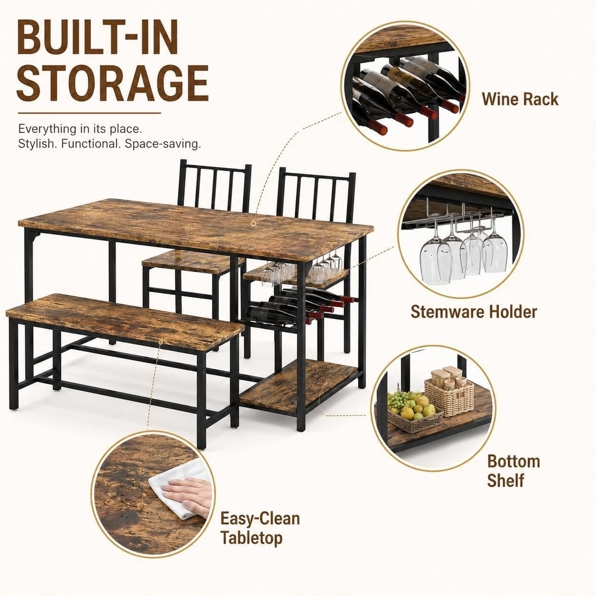 Catrimown Dining Table Set for 4 with Bench, 55 Inch Kitchen Set with Wine Rack, Glass Holder & Storage Shelves, Space Saving Dining Furniture for Home Apartment, Rustic Brown