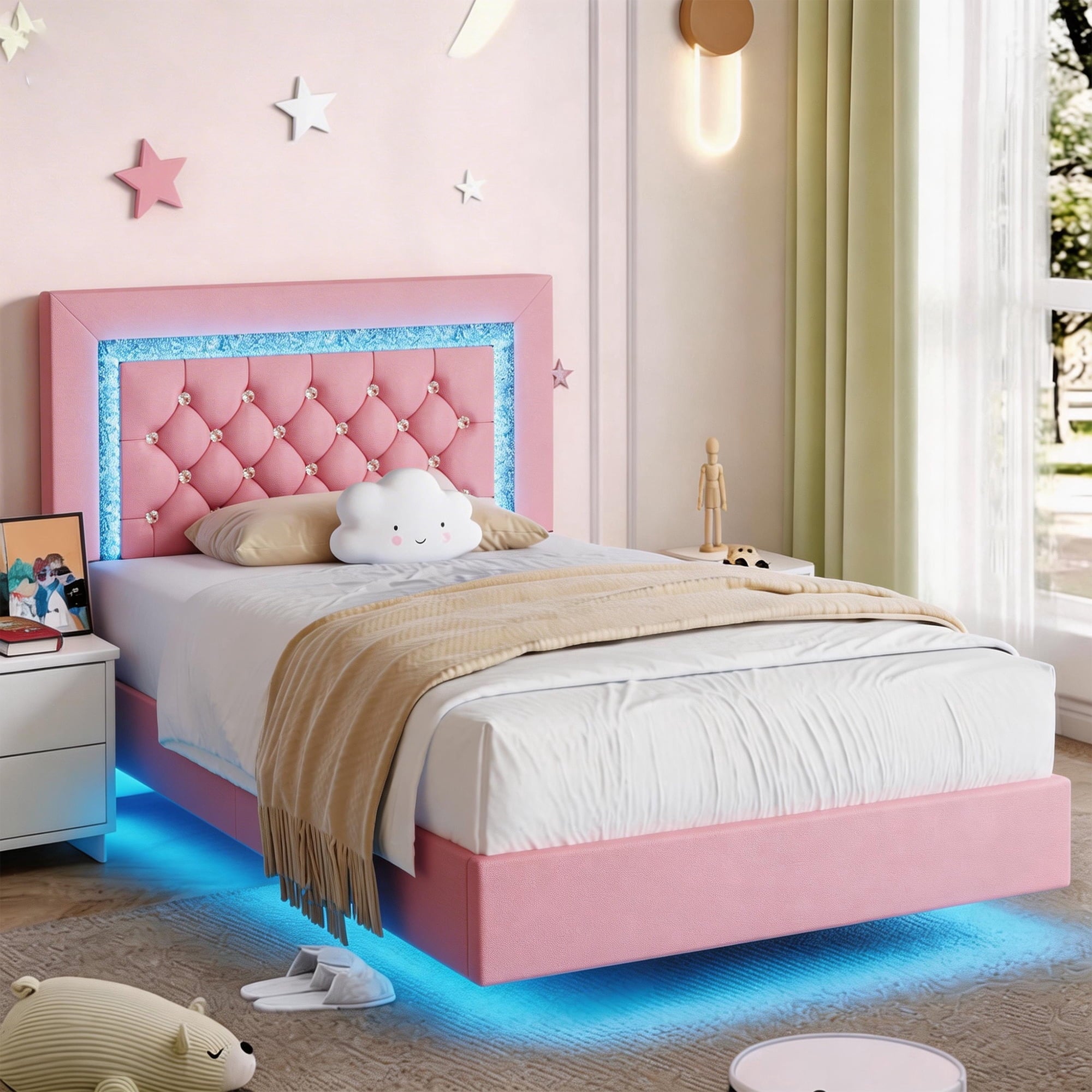 4 EVER WINNER Twin /Full/Queen/KIng Size Bed Frame, Upholstered Bed Frame with Headboard, No Box Spring Required, Easy AssemblyBEAX430-XFXZLED-PT
