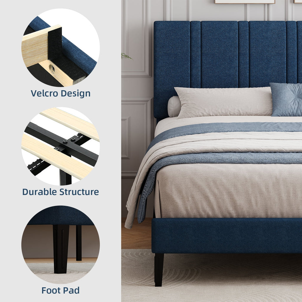 4 EVER WINNER Full Size Upholstered Platform Bed Frame with Headboard, Blue Full Bed Frame, No Box Spring Needed, Blue