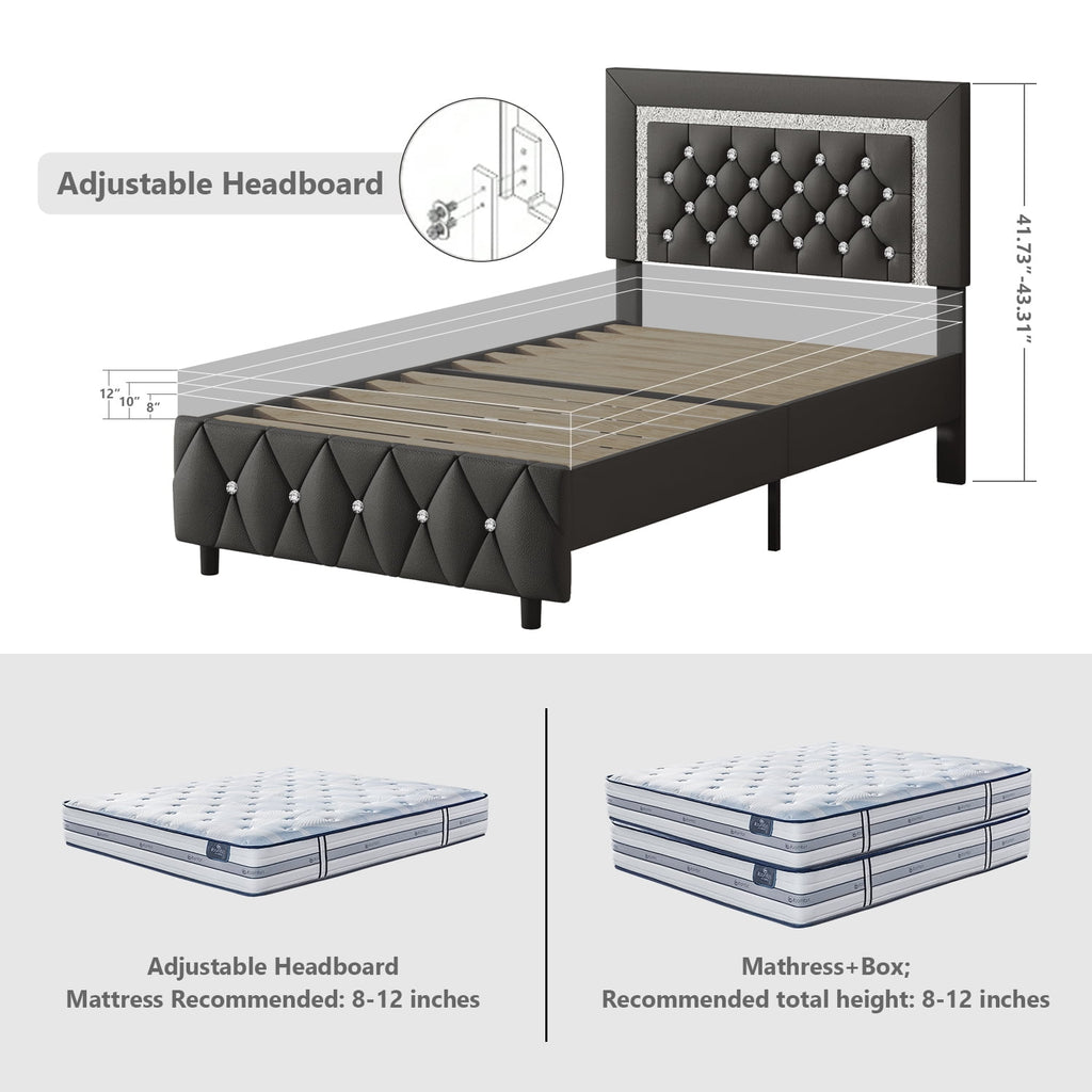 4 EVER WINNER Twin Size Upholstered Bed with Diamond Headboard and Footboard, Gray