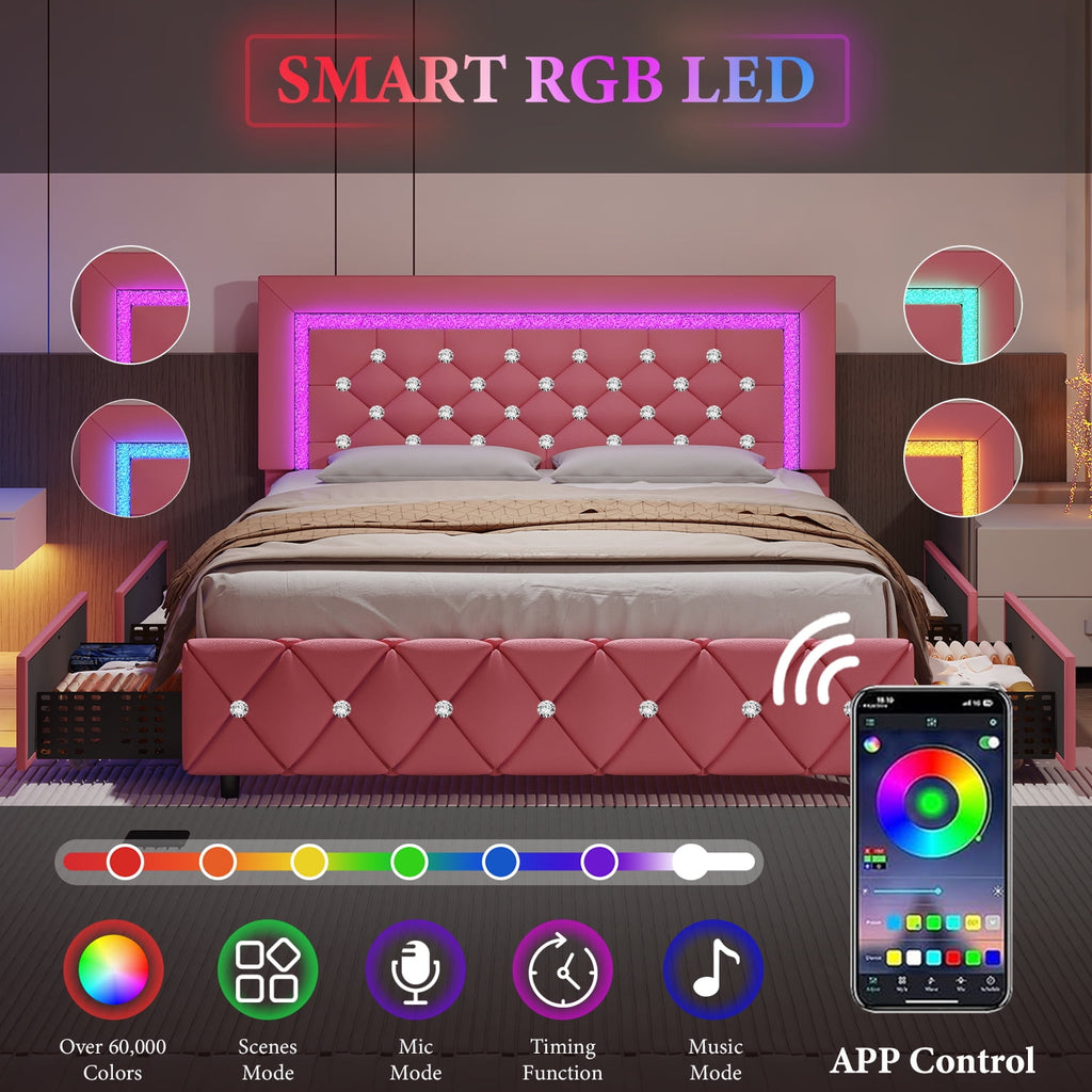 4 Ever Winner Twin Size LED Bed Frame with 2 drawers, Pink Twin Bed Frame with LED Light and Diamond Headboard, Modern Upholstered Bed Twin Size, Pink