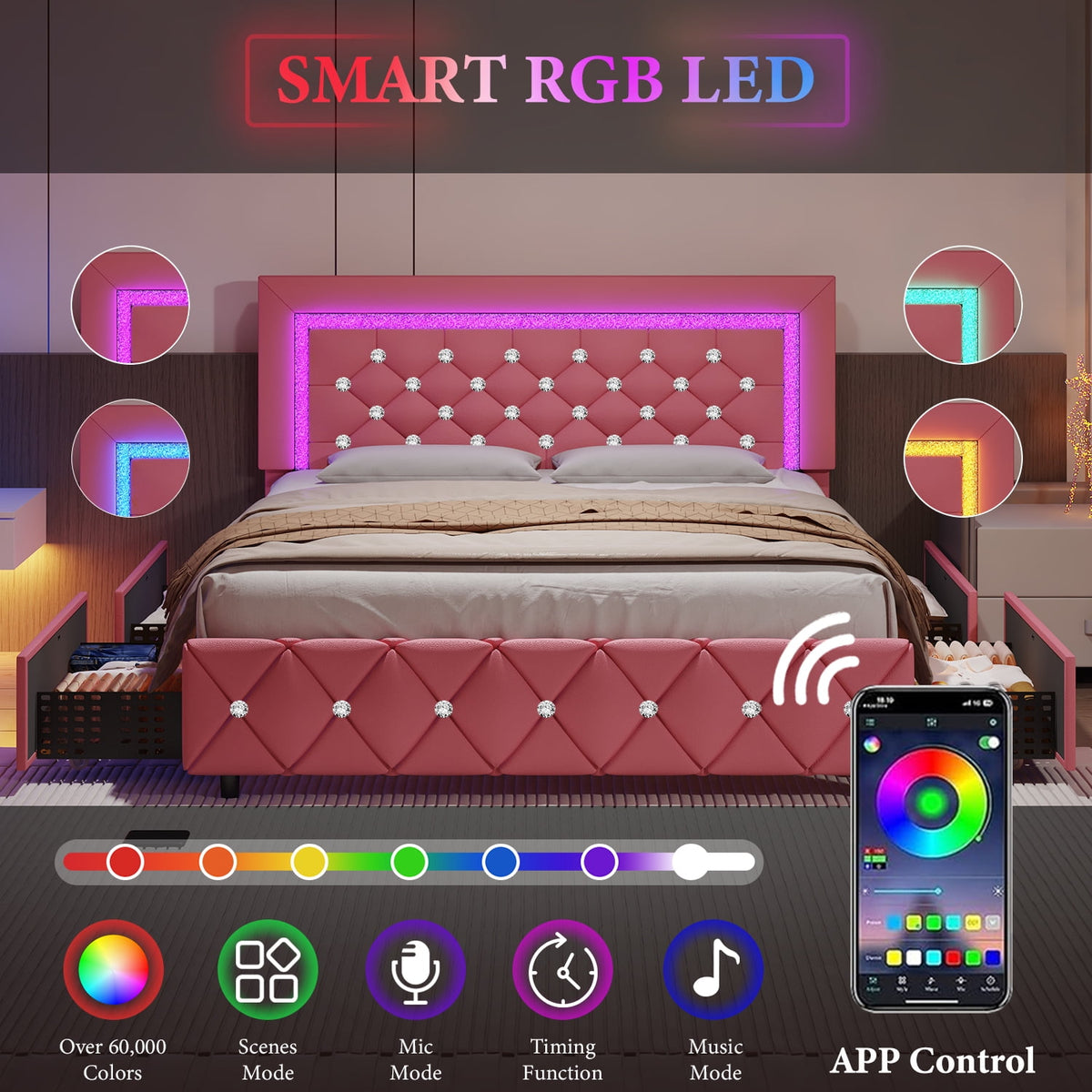 4 Ever Winner Twin Size LED Bed Frame with 2 drawers, Pink Twin Bed Frame with LED Light and Diamond Headboard, Modern Upholstered Bed Twin Size, Pink