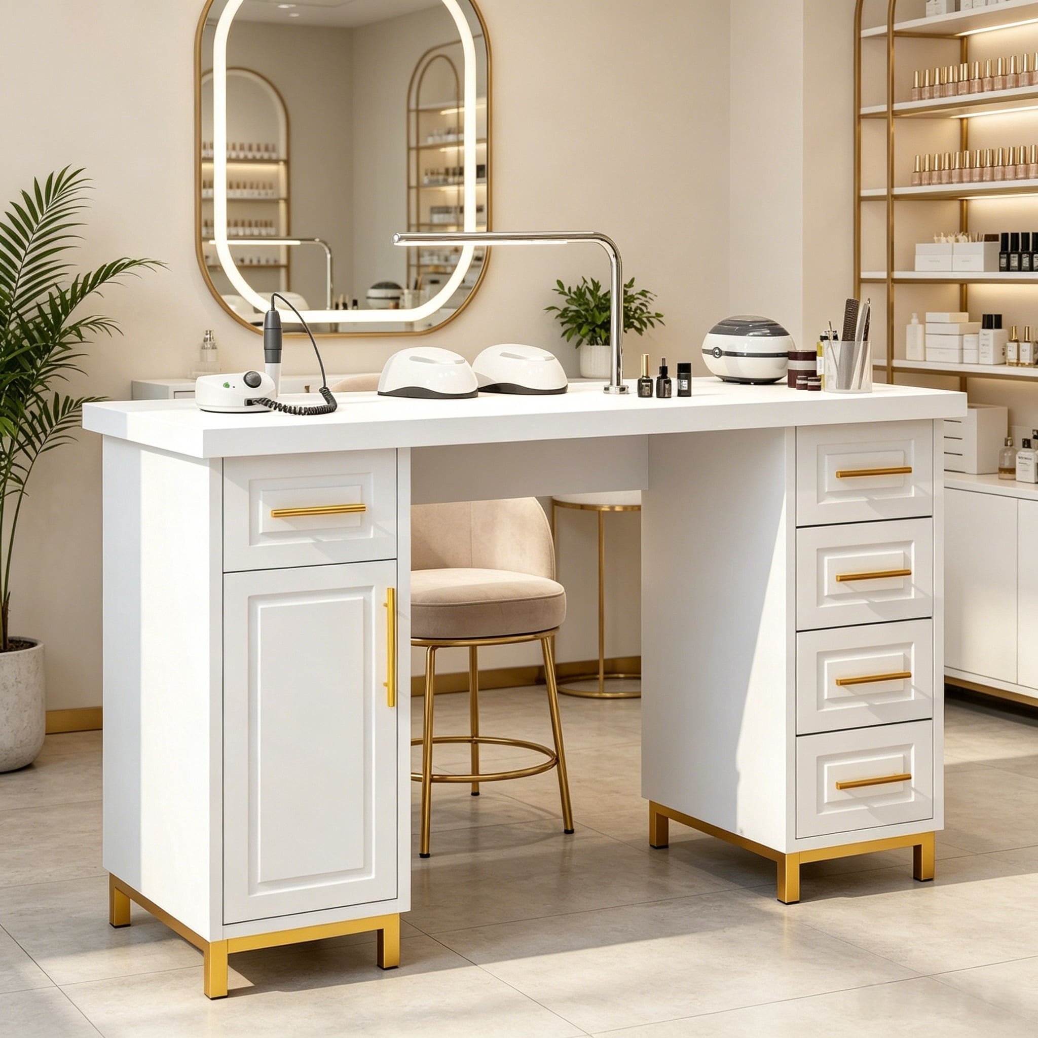 4 EVER WINNER Manicure Table Nail Desk for Nail Tech, Nail Table with 5 Drawers and Cabinet, Beauty Salon Spa, White